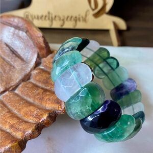 Natural Faceted Rainbow Fluorite Wide Cuff Tile Stretch Bracelet Style 251125